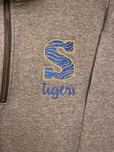 Load image into Gallery viewer, Embroidered School Spirit Zebra Print Quarter Zip Sweatshirt

