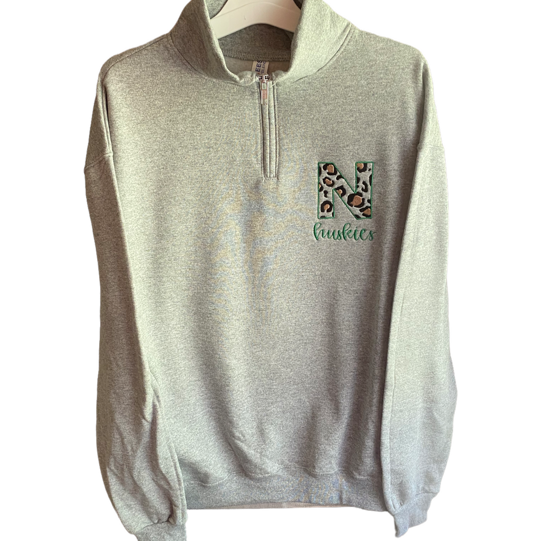 Embroidered School Spirit Leopard Print Quarter Zip Sweatshirt
