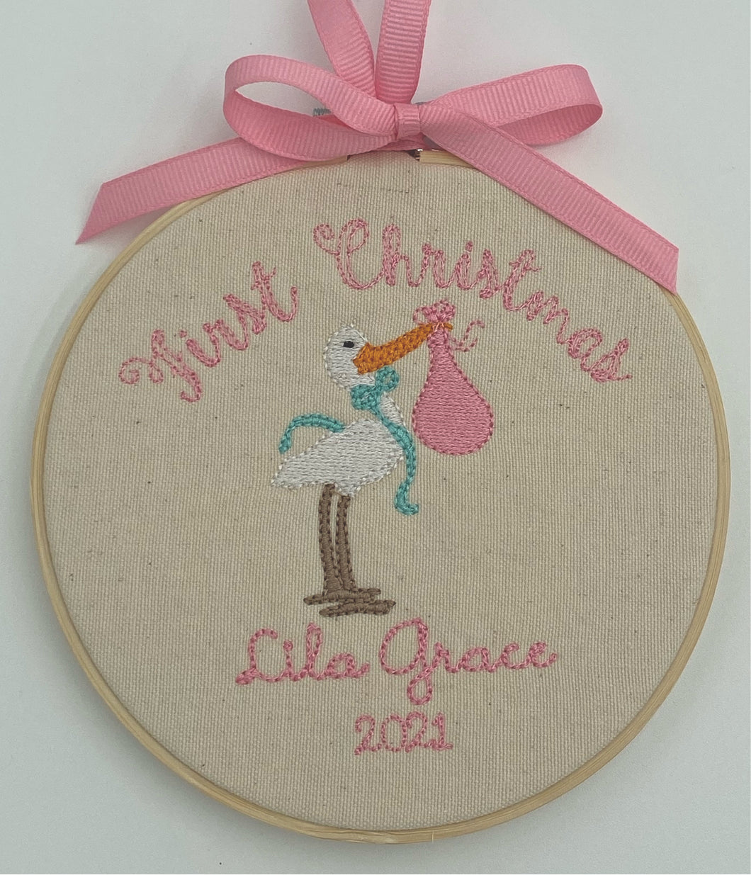 Personalized Embroidered First Christmas Pink Stork Ornament
