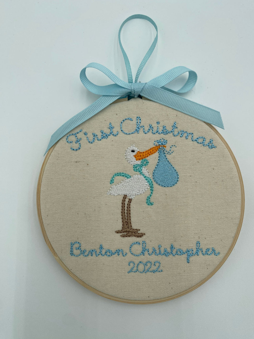 Personalized Embroidered First Christmas Blue Stork Ornament