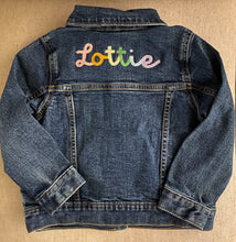 Load image into Gallery viewer, Embroidered Jean Jacket with Rainbow Script Letters
