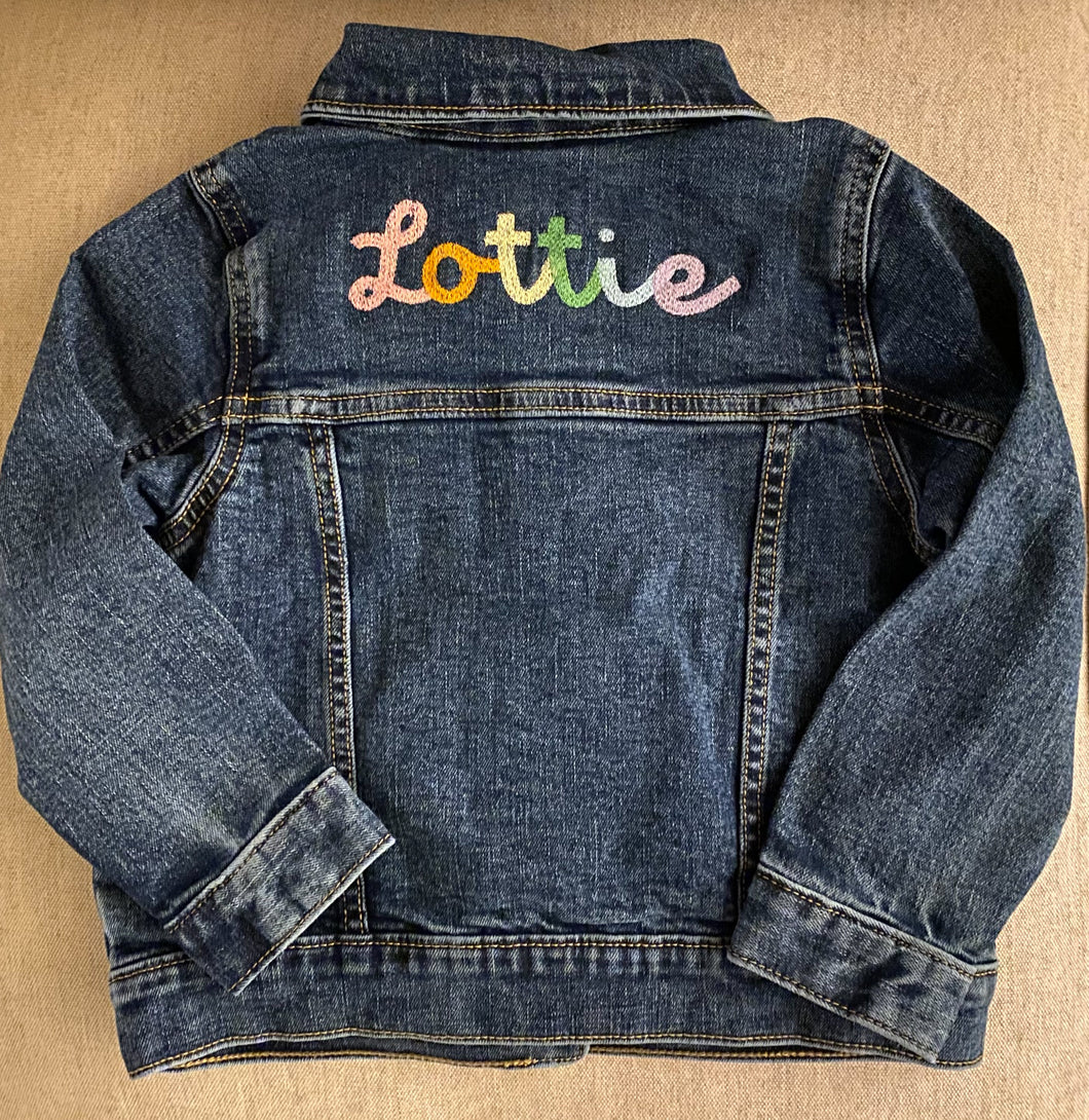 Embroidered Jean Jacket with Rainbow Script Letters