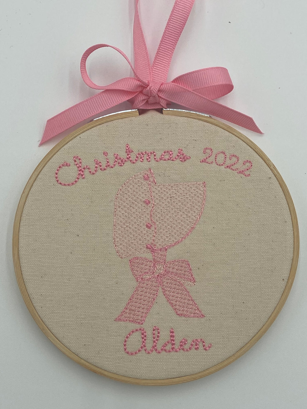 Personalized Embroidered Pink Vintage Bonnet Ornament